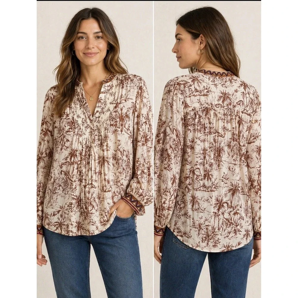 Johnny Was Medium Top Safari Jungle Toile Pintuck Boho Tunic Tiger Country 202